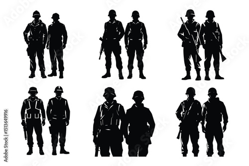 Set of two soldiers standing silhouette vector illustration on white background.