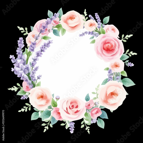 Floral Garland: A captivating illustration of a floral garland, composed of delicate pink roses and fragrant lavender blossoms, creating a picturesque frame for elegance and charm.