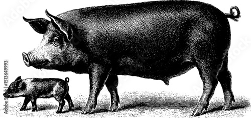 Detailed vintage pig and piglet engraving for agricultural design projects