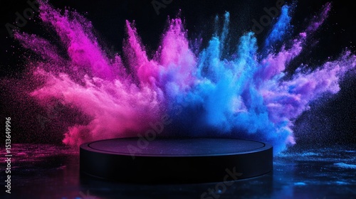 Black circular platform with vibrant pink and blue powder explosion.