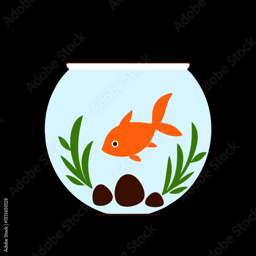 Underwater Serenity: A single, vibrant goldfish swims serenely in its glass bowl. surrounded by aquatic plants and smooth stones, creating a tranquil oasis.