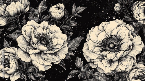 Monochrome floral illustration of large peonies and buds on dark background.