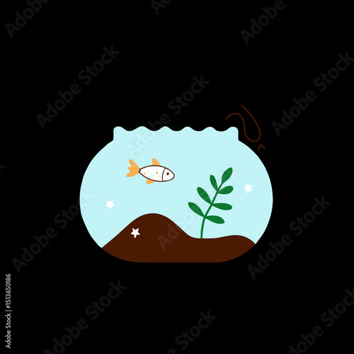 Aquatic Harmony: Minimalistic graphic of a goldfish swimming contentedly within a serene, round fishbowl, reflecting the peace of an underwater world.