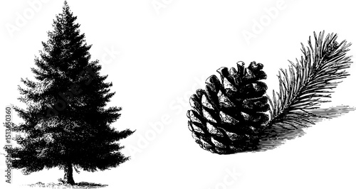 Engraved botanical illustration of pine tree and pine cone for nature design