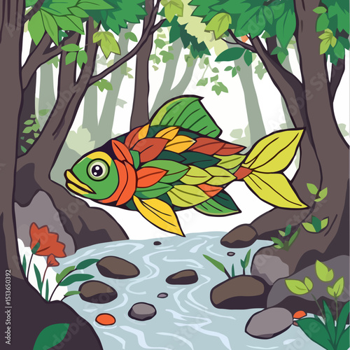 Whimsical Fish in a Forest Stream: An enchanting illustration of a colorful fish swimming playfully in a tranquil forest stream, surrounded by lush greenery and the calming embrace of nature.