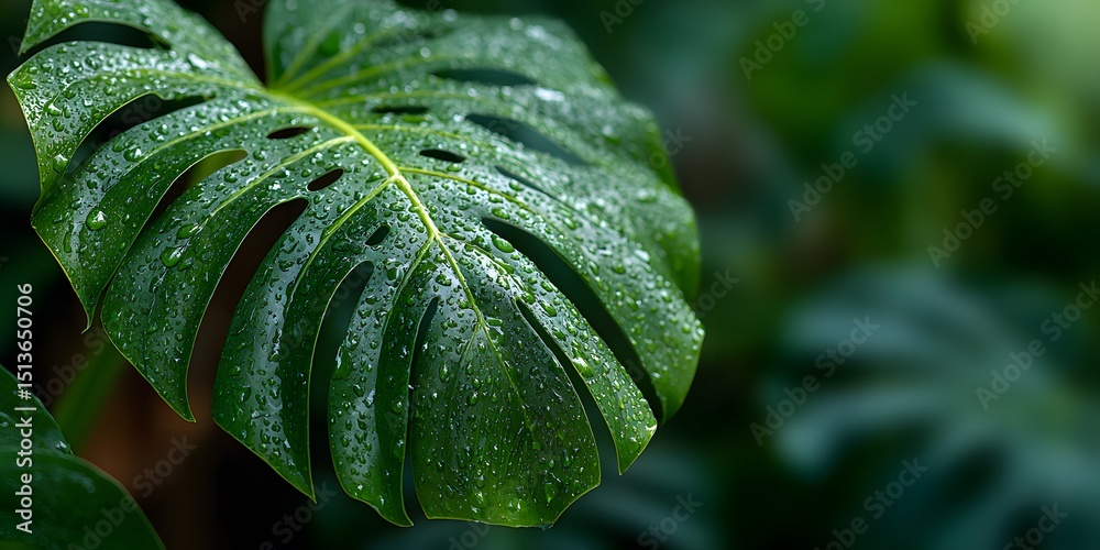 Obraz premium Giant glossy green Monstera leaf, fenestrations, rain droplets, centered. Sharp focus on central vein, droplets. Blurred deep green jungle bokeh. Botanical macro.