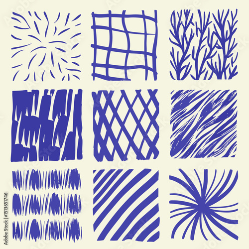 Collection of nine abstract hand-drawn patterns in blue on a light beige background