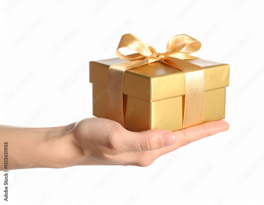 Obraz premium Beautiful hand holding gift box isolated on a white background
