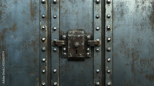 Heavily secured metallic entrance featuring intricate fastening mechanism with evident signs of aging