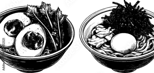Engraved vintage ramen bowl set with boiled eggs and noodles for culinary art prints
