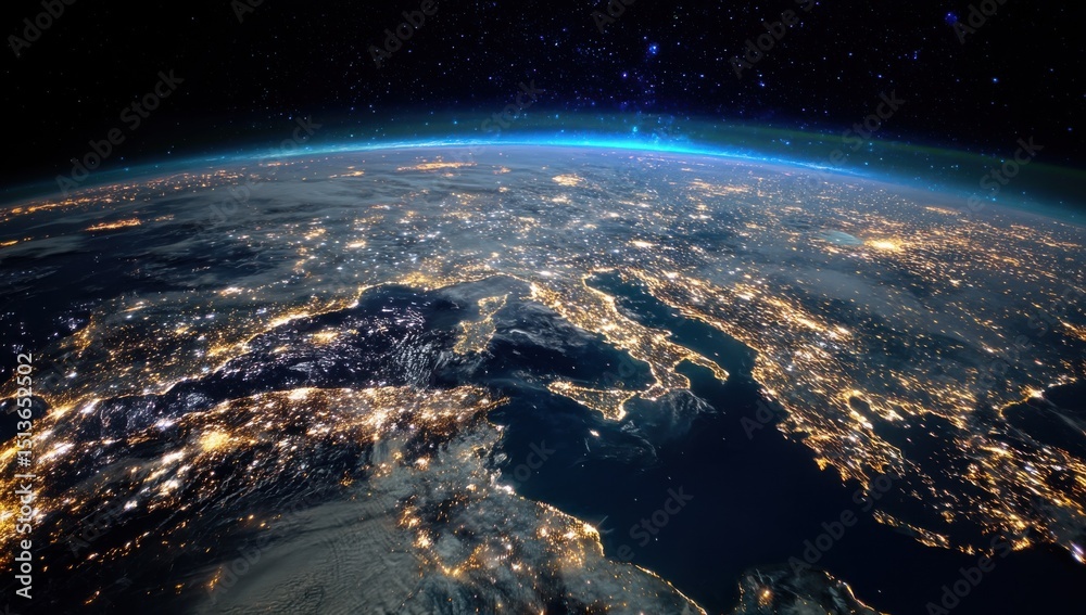 Obraz premium Earth at Night From Space With City Lights, Showcasing Global Connectivity and Technological Advancement for International Business : Generative AI