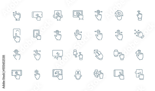 set line art icons illustrates hand gestures for interacting touchscreens computers smartwatches mouse clicks scrolling tapping screen movements