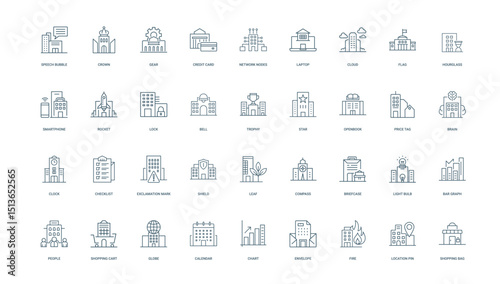 collection building icons uniquely themed represent concepts functions