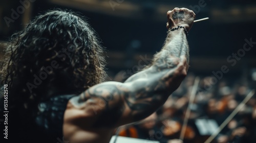 A powerful conductor with tattooed arms passionately leads an orchestra, embodying the passionate connection between artist and music, evoking intensity and excitement during performance.