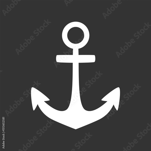 Anchor icon in white on black background – solid vector white silhouette with ring and twin flukes, marine themed