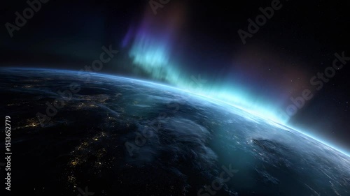 Dazzling aurora shimmers above Earths horizon, captured from orbit with vivid colors. This stunning aurora display reveals natural beauty of space and atmospheric magic