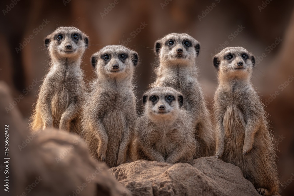 Group of Meerkats Standing Alert on Rock, Representing Teamwork and Animal Conservation Efforts, Perfect for Wildlife Education Materials : Generative AI Group of Meerkats Standing Alert on Rock, Representing Teamwork and Animal Conservation Efforts, Perfect for Wildlife Education Materials : Generative AI