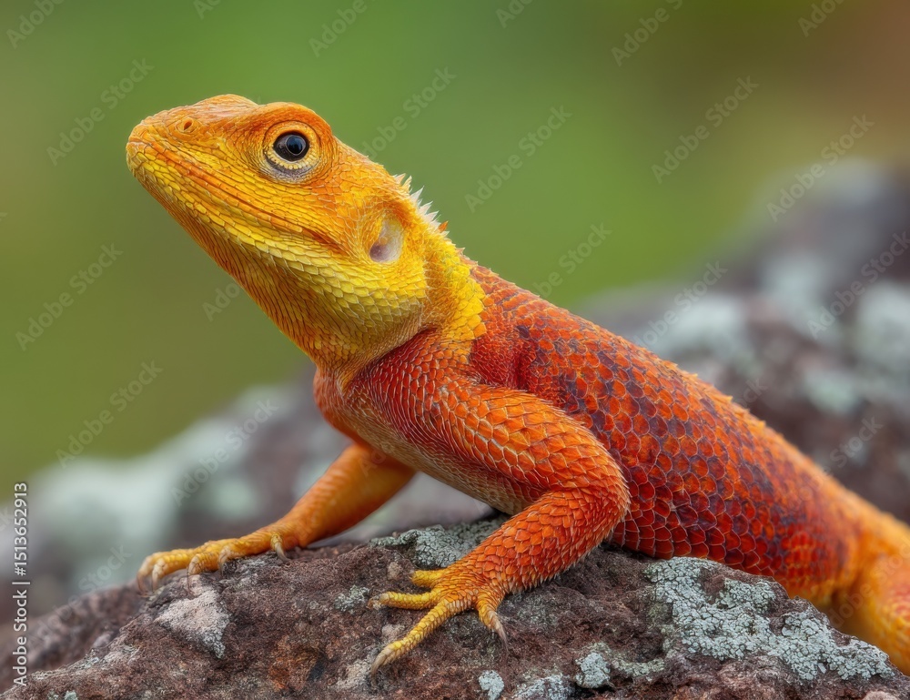 Fototapeta premium Vibrant Orange Lizard Perched on Rock, Representing Wildlife Conservation and Biodiversity Awareness, Perfect for Environmental Education Materials : Generative AI