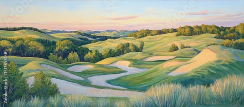 Tranquil vistas: a captivating painting of rolling hills and vibrant greenery
