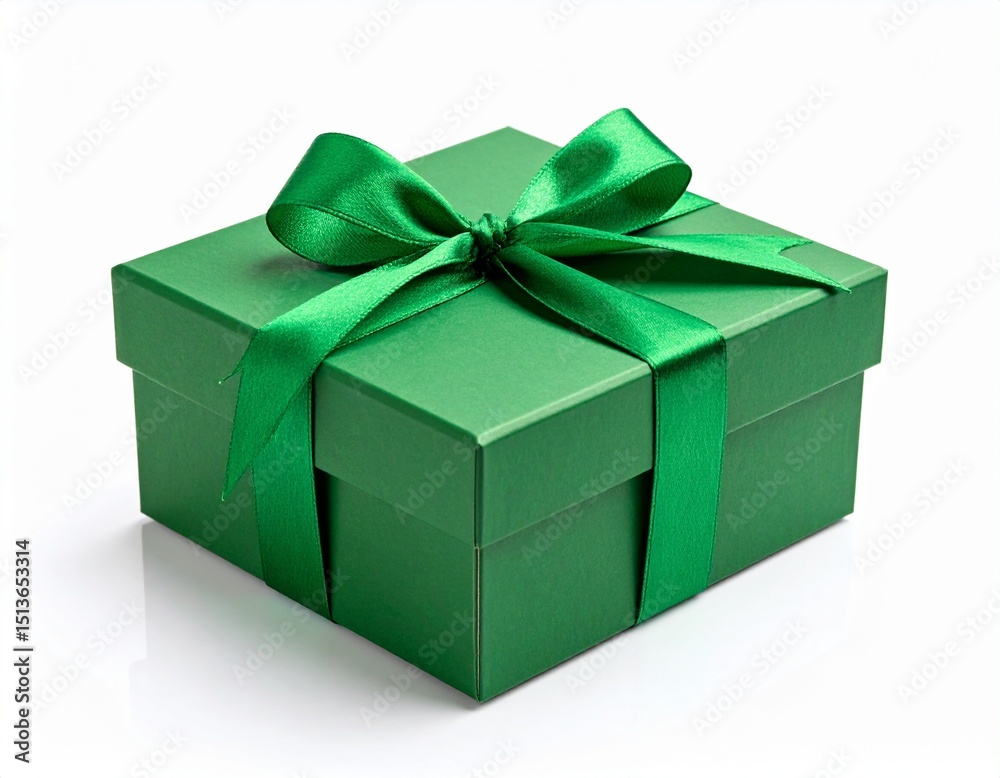 Obraz premium Elegant green gift box with green ribbon isolated on white