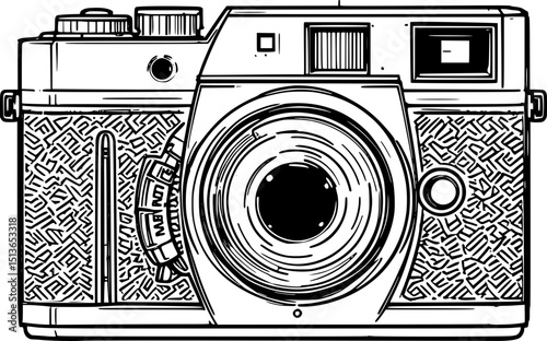 Vintage Camera Line Art Illustration – Detailed Black and White Drawing of Retro Film Camera with Intricate Texture for Photography Concept, Artistic Design, Tattoo Style, and Antique Technology Art
