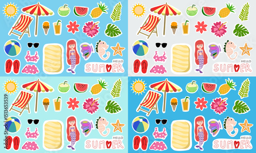 Colorful summer stickers, white isolate background