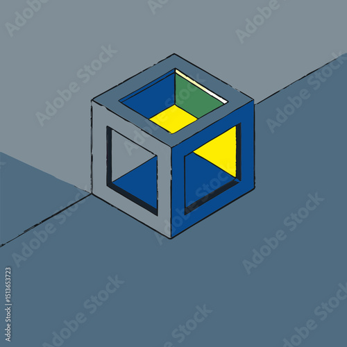 Isometric cube with cutouts showing different colors inside