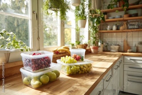 Fresh Fruits in Plastic Containers on a Wooden Countertop, Representing Healthy Eating and Food Storage Solutions for Modern Kitchens : Generative AI