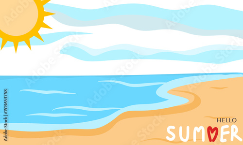 Beach scene with sun and ocean waves
