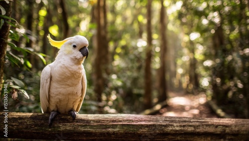 Sulphur Crested Cockatoo Perched on Branch in Forest, Symbolizing Wildlife Conservation and Environmental Awareness in a Natural Habitat : Generative AI photo