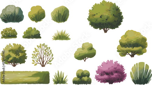 Collection of Various Bushes and Trees for Landscaping, Gardening, and Outdoor Design - High Resolution Vector Illustration, Transparent Background, Adobe Stock flat vector illustration