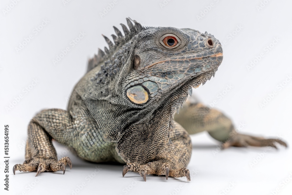 Obraz premium Green Iguana Close-Up on White Background, Showcasing Exotic Pets and Reptile Conservation Efforts : Generative AI