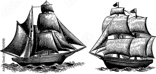 Vintage maritime adventure set with engraved sailing ships for nautical design