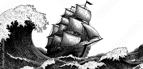 Vintage sailing ship and waves engraving for nautical decor and design