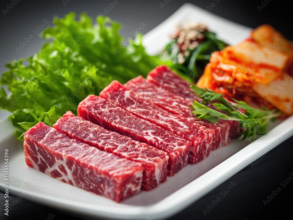 Korean Barbecue Beef Slices With Kimchi and Lettuce, Representing Culinary Tradition and Restaurant Menu Options : Generative AI Korean Barbecue Beef Slices With Kimchi and Lettuce, Representing Culinary Tradition and Restaurant Menu Options : Generative AI