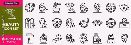 Beauty Products Line Icon Set contains Eyeliner, Lipstick, Make Up, Mascara, Comb, Perfume, Cream, Hair Straightener and so on icons.