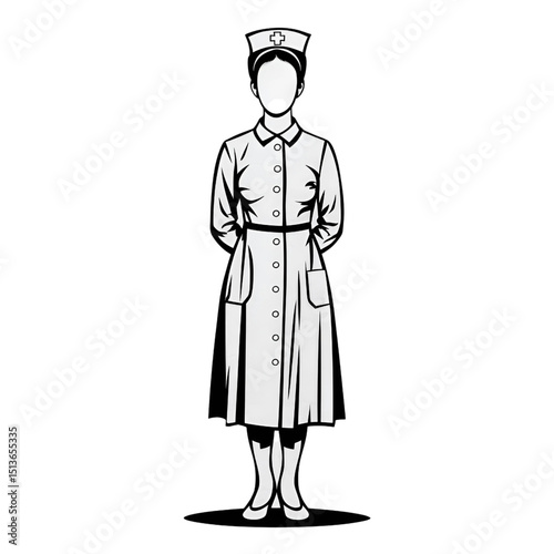 Vintage Nurse Line Art Illustration – Medical Uniform Drawing