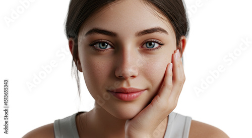 Beautiful young woman with captivating blue eyes gently rests her face on her hand