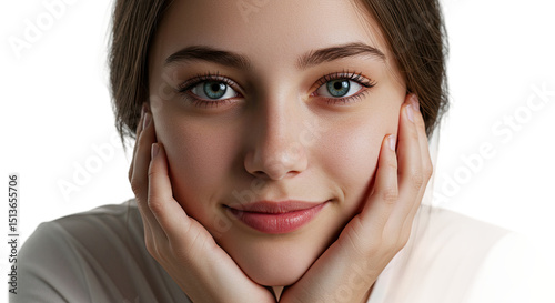 Beautiful young woman with stunning blue eyes smiles gently, holding her face
