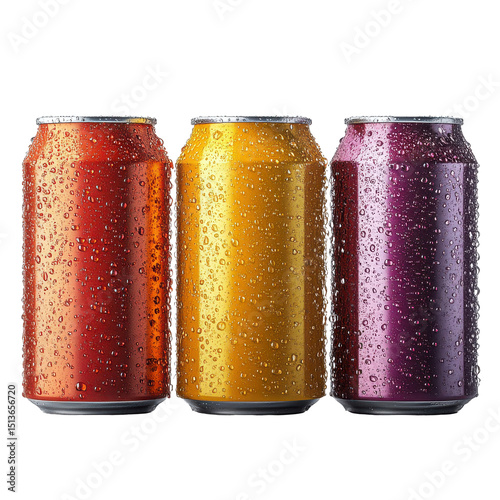 Three colorful soda containers with condensation droplets present on transparent background