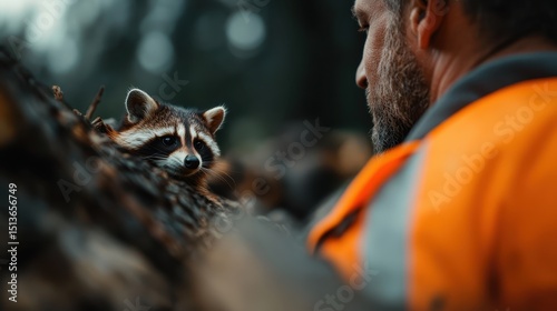 A man in an orange jacket connects with a curious raccoon amidst a natural setting, highlighting the beauty of human-animal interactions and the wonders of the wild.