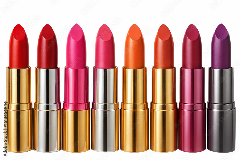 Obraz premium A row of ten lipsticks in various shades of red, pink, orange, and purple, arranged against a black background