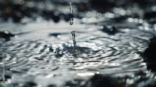 Ultra Slow Motion: Perfect Raindrop Impacts Dark Water, Cinematic Splash Crown, Slow Motion Close-Up of Water Impact and Ripples, Moody Lighting