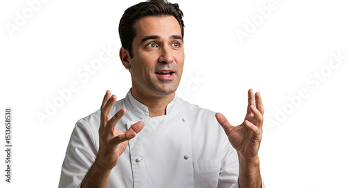 Chef in white uniform gesturing with hands, looking upwards with an open mouth.