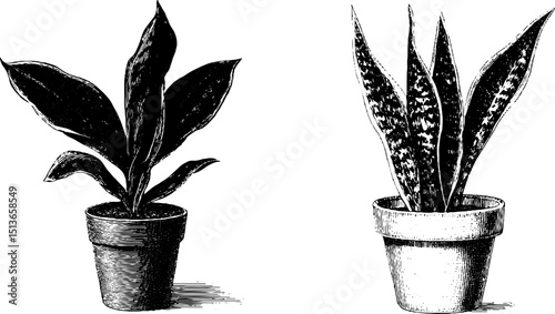 Engraved botanical set featuring snake plant and serpent design for artistic projects
