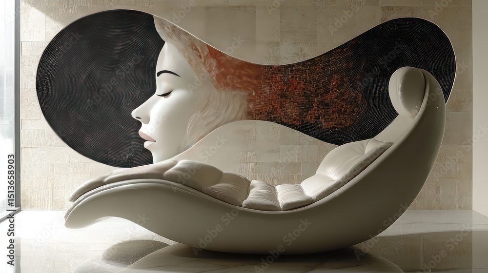 Fototapeta premium Lounge chair with oversized cushion against a plain, warm-toned wall.