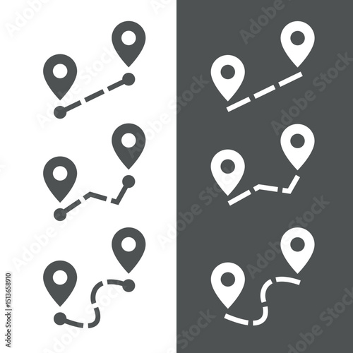 Route icon. A destination on a map. A symbol of distance, travel, or trip. A placemark, pointer, or marker on a geolocation map. A designation of an address or GPS location.