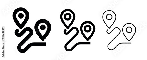 Route icon. A destination on a map. A symbol of distance, travel, or trip. A placemark, pointer, or marker on a geolocation map. A designation of an address or GPS location.