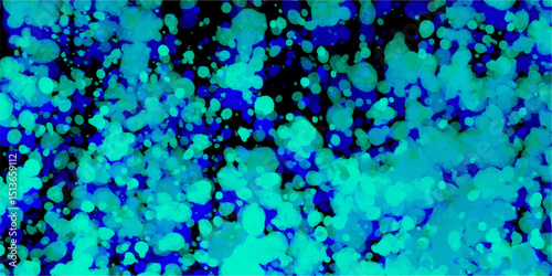 Abstract watercolor texture with an artistic background created with overlapping paint spots in shades of teal and indigo against a black backdrop.