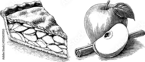 Engraved vintage illustration of strudel slice with apples and cinnamon